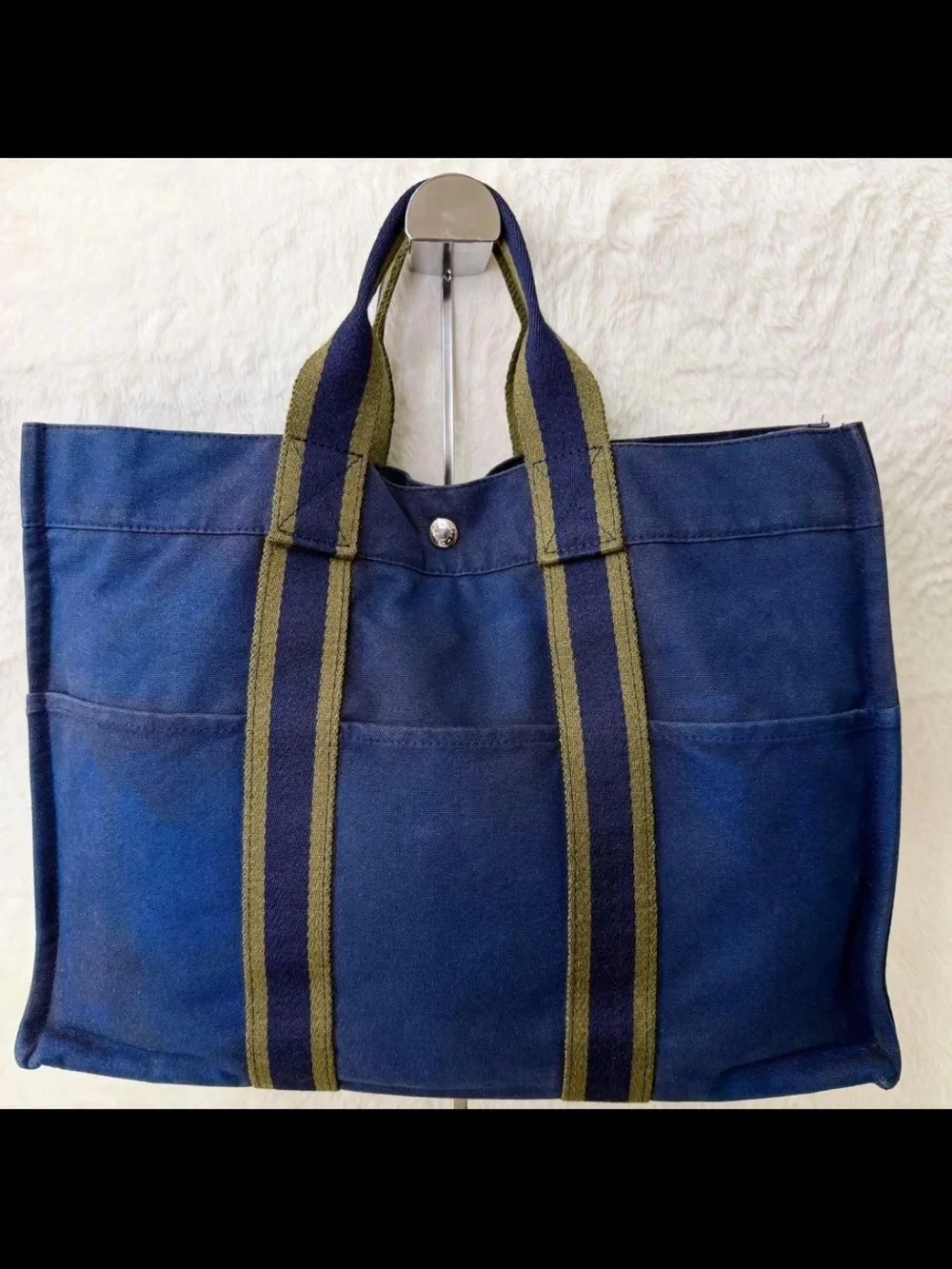 Hermes Navy Canvas Tote with Olive-Trim Straps